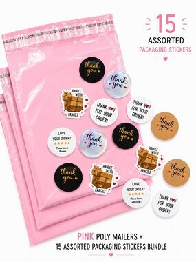 🆕 10 Pink Strong Waterproof Poly Mailers + 15 Assorted Stickers Bundle NWOT